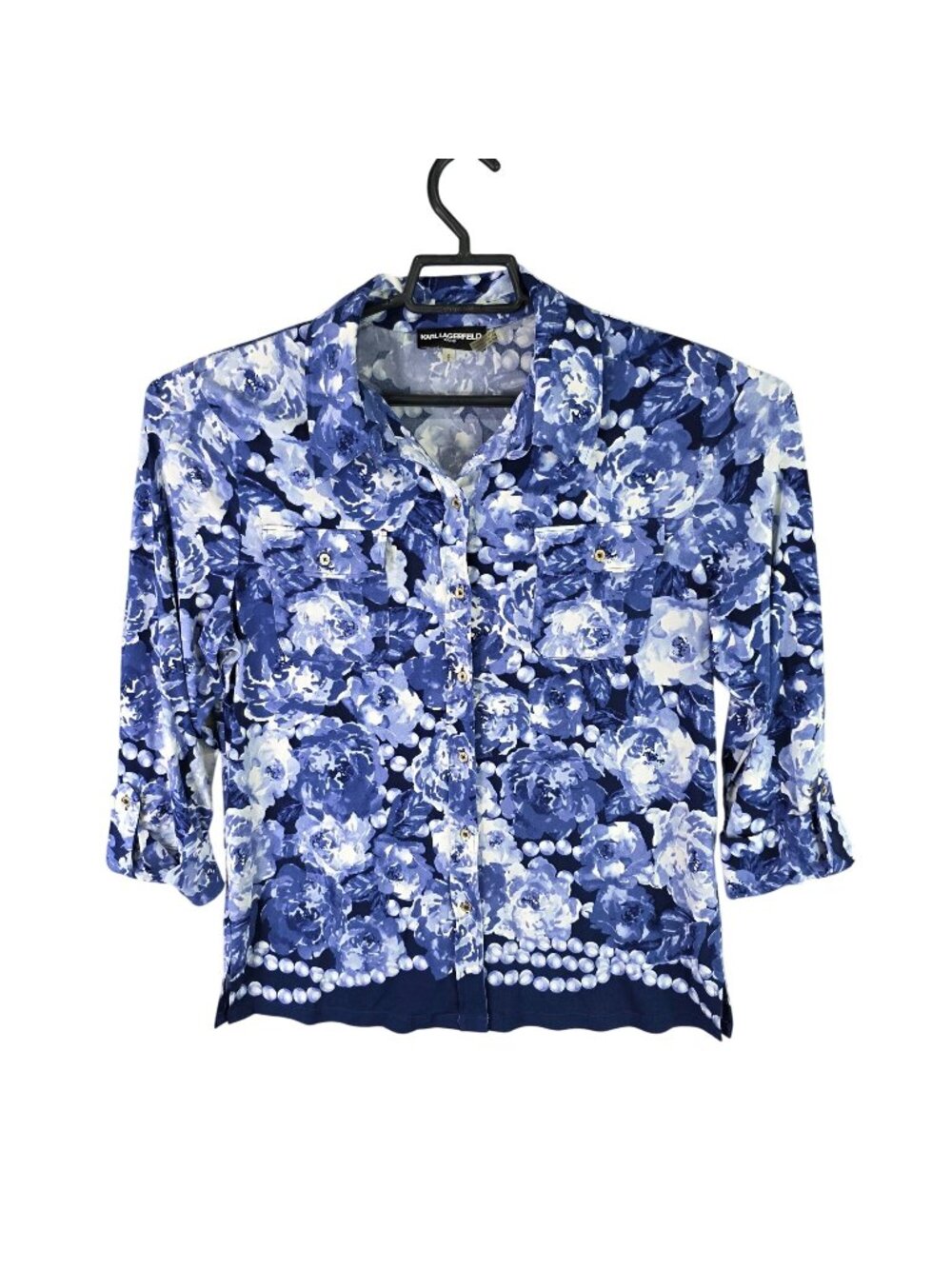 Womens Karl Lagerfeld Paris Blue Floral Button Up Blouse Roll Tab Sleeves Size M